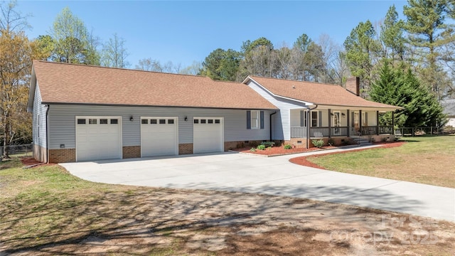 4487 Catawba Burris Rd, Denver, NC 28037 - ranch-style home featuring driveway, a front yard, covered porch, a chimney, and an attached garage