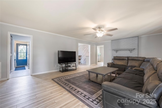 4487 Catawba Burris Rd, Denver, NC 28037 - living room with baseboards, crown molding, light wood-style flooring, and ceiling fan