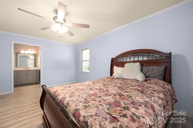 4487 Catawba Burris Rd, Denver, NC 28037 - bedroom featuring crown molding, baseboards, a sink, light wood-style flooring, and ensuite bathroom