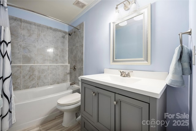 4487 Catawba Burris Rd, Denver, NC 28037 - full bathroom featuring vanity, toilet, visible vents, shower / bath combo, and wood finished floors