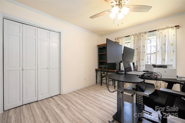 4487 Catawba Burris Rd, Denver, NC 28037 - office area with baseboards, ornamental molding, ceiling fan, and light wood-type flooring