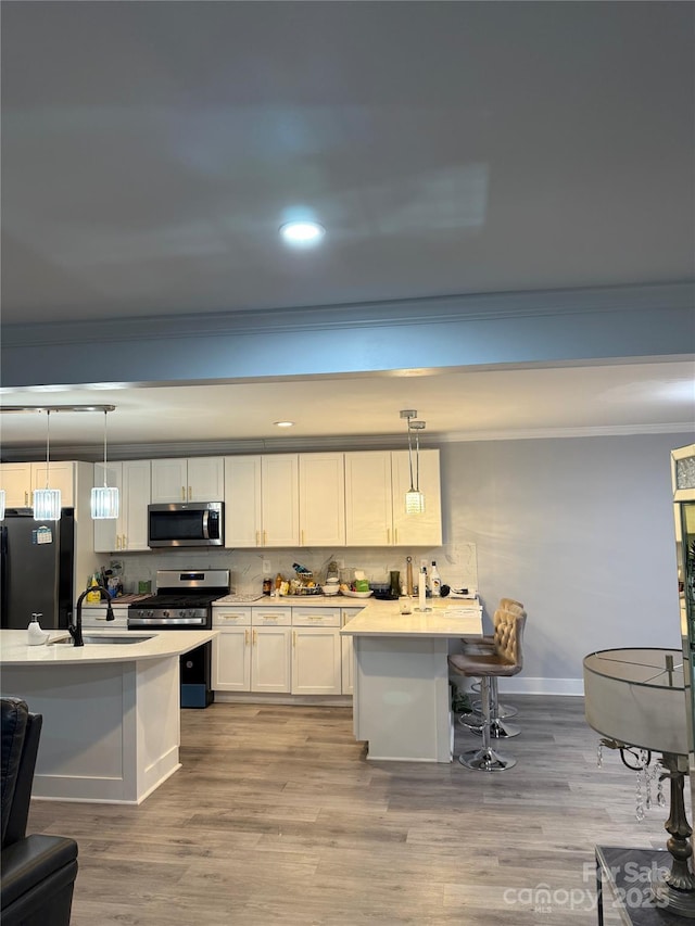 kitchen featuring a sink, baseboards, ornamental molding, stainless steel appliances, and light wood-style flooring
