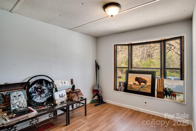 miscellaneous room featuring baseboards, a textured ceiling, and light wood finished floors