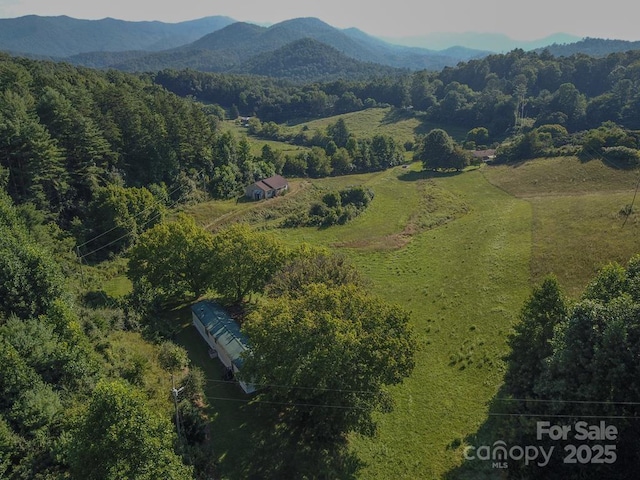 birds eye view of property with a wooded view and a mountain view