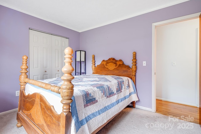 carpeted bedroom with baseboards, a closet, and crown molding