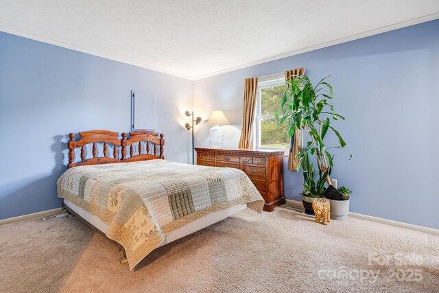 bedroom featuring baseboards, a textured ceiling, crown molding, and light carpet