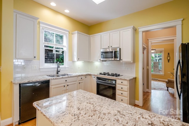 734 E 10th St, Charlotte, NC 28202 - kitchen with black appliances, light wood-style floors, light stone counters, and a sink