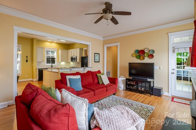734 E 10th St, Charlotte, NC 28202 - living area with ceiling fan, light wood-type flooring, crown molding, and baseboards