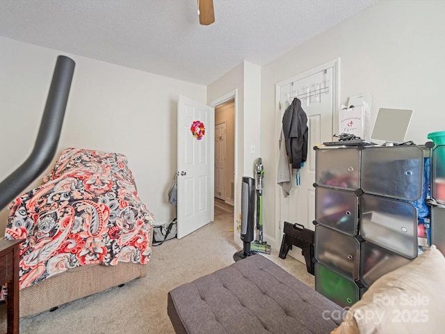 bedroom featuring carpet, a ceiling fan, and a textured ceiling