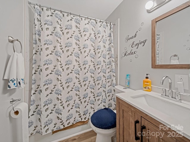 bathroom featuring toilet, vanity, and curtained shower