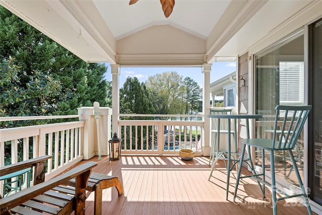 7844 Village Harbor Dr, Cornelius, NC 28031 - wooden terrace featuring a ceiling fan