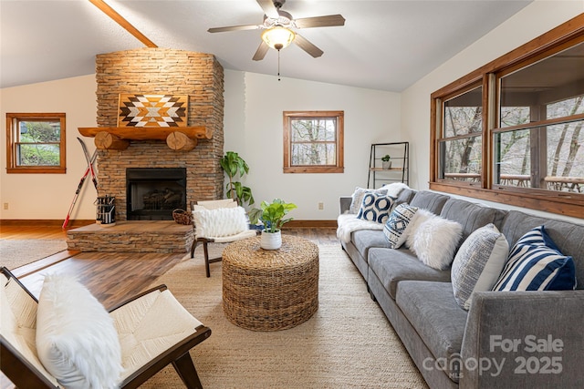 39 Antler Springs Way, Maggie Valley, NC 28751 - living area featuring lofted ceiling, wood finished floors, baseboards, and a ceiling fan