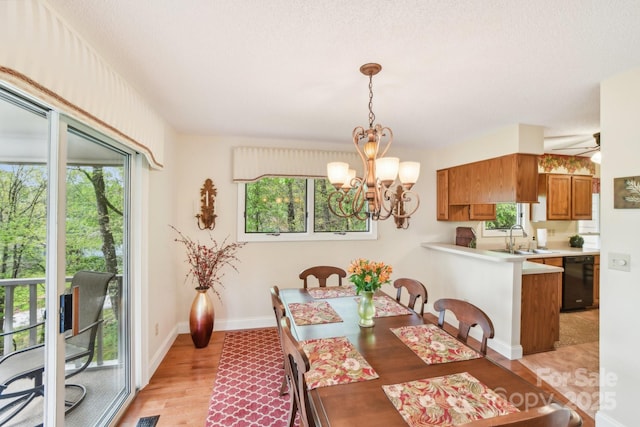 dining area with a notable chandelier, light wood-style flooring, and plenty of natural light