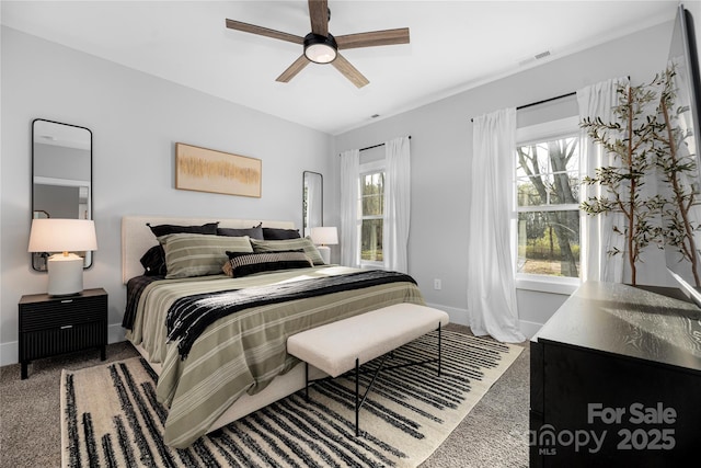 9849 Rich Hatchet Rd, Huntersville, NC 28078 - bedroom featuring ceiling fan, visible vents, multiple windows, and carpet