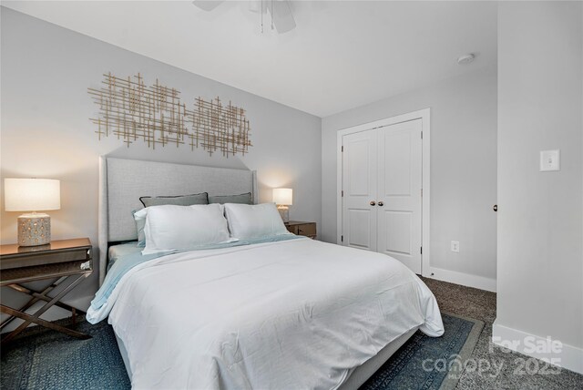 9849 Rich Hatchet Rd, Huntersville, NC 28078 - carpeted bedroom featuring baseboards, a closet, and a ceiling fan