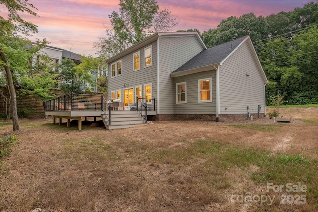9849 Rich Hatchet Rd, Huntersville, NC 28078 - back of property at dusk featuring a lawn, roof with shingles, and a deck
