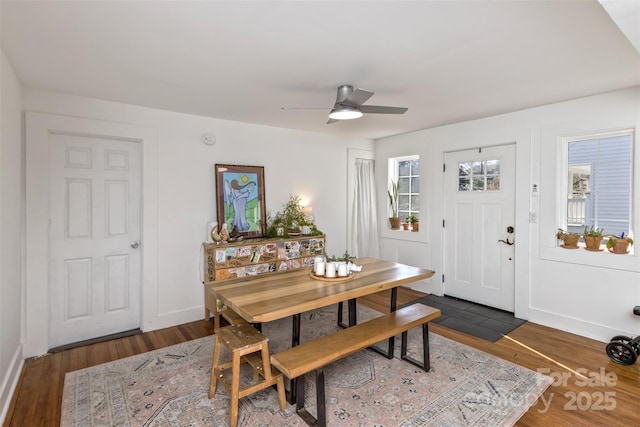 21 Hilldale Rd, Asheville, NC 28803 - dining area with dark wood-type flooring, ceiling fan, and baseboards