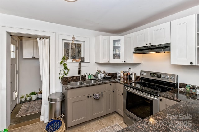21 Hilldale Rd, Asheville, NC 28803 - kitchen with white cabinets, dark stone counters, stainless steel electric range, under cabinet range hood, and a sink