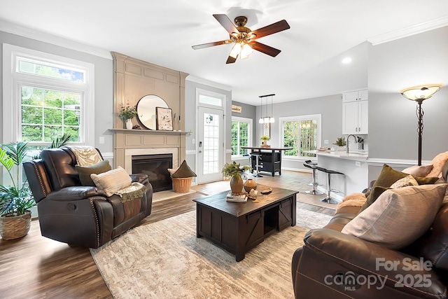 1214 Foxfield Rd, Waxhaw, NC 28173 - living room featuring light wood-type flooring, ceiling fan, crown molding, a large fireplace, and recessed lighting