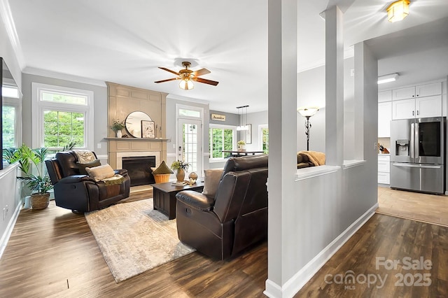 1214 Foxfield Rd, Waxhaw, NC 28173 - living area featuring healthy amount of natural light, a large fireplace, crown molding, baseboards, and wood finished floors