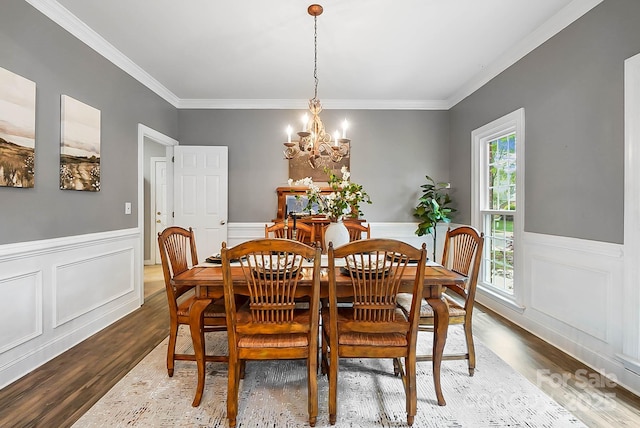 1214 Foxfield Rd, Waxhaw, NC 28173 - dining room with a chandelier, wood finished floors, ornamental molding, and a wainscoted wall