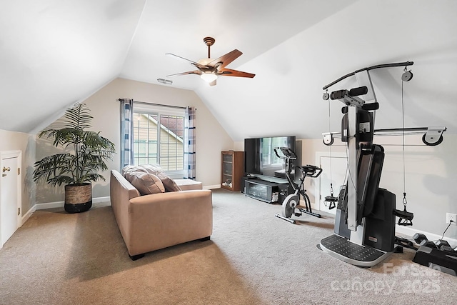 1214 Foxfield Rd, Waxhaw, NC 28173 - exercise room with ceiling fan, carpet flooring, vaulted ceiling, and baseboards