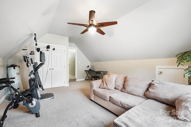 1214 Foxfield Rd, Waxhaw, NC 28173 - exercise room with a ceiling fan, lofted ceiling, carpet floors, and baseboards