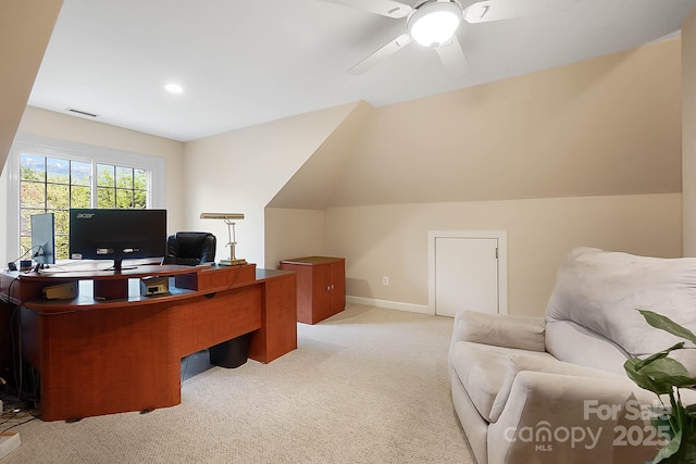 1214 Foxfield Rd, Waxhaw, NC 28173 - home office with light carpet, a ceiling fan, baseboards, and recessed lighting