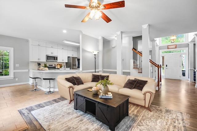 1214 Foxfield Rd, Waxhaw, NC 28173 - living area with stairway, ceiling fan, and recessed lighting