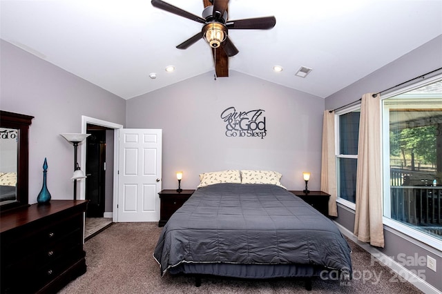carpeted bedroom featuring baseboards, vaulted ceiling with beams, a ceiling fan, and visible vents