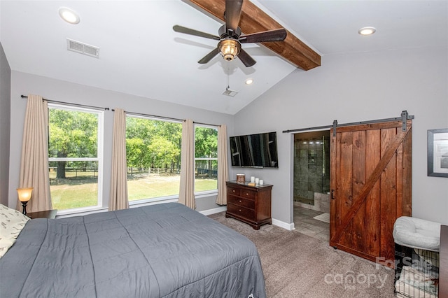 bedroom featuring carpet, multiple windows, lofted ceiling with beams, and visible vents