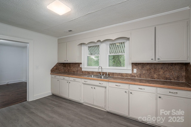 201 Lee Black Rd, Cherryville, NC 28021 - kitchen featuring dark countertops, a sink, visible vents, white cabinets, and dark wood-style floors