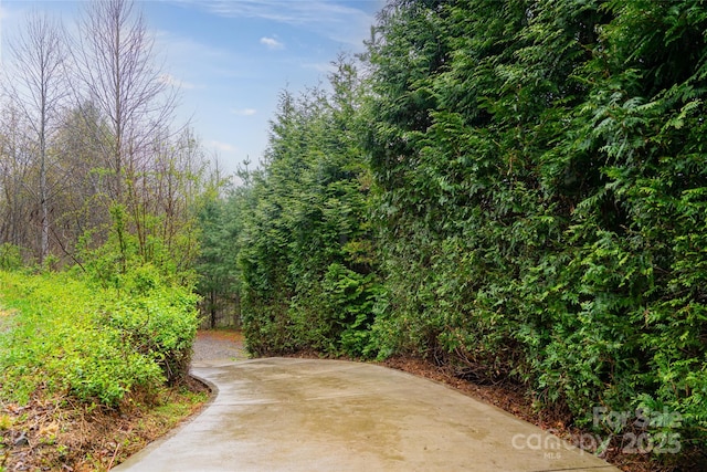 exterior space featuring driveway and a forest view
