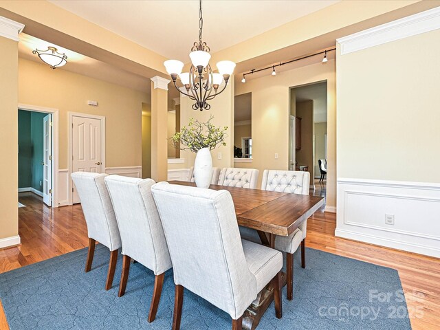 dining area featuring wood finished floors, a chandelier, rail lighting, and wainscoting