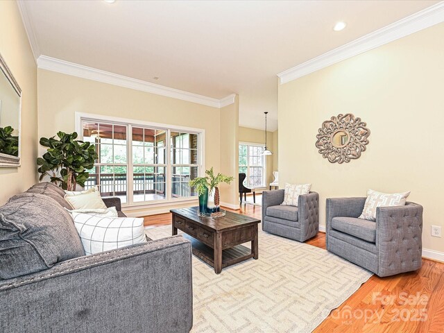living room featuring crown molding, light wood finished floors, baseboards, and recessed lighting