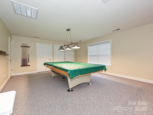 playroom with carpet flooring, billiards, and baseboards