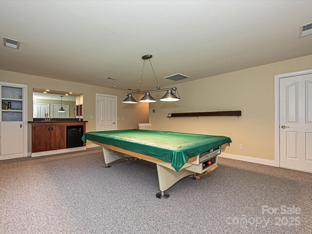 playroom featuring pool table, baseboards, carpet floors, and a sink