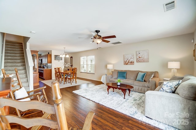 309 River Clay Rd, Fort Mill, SC 29708 - living room with visible vents, wood finished floors, stairway, and a ceiling fan