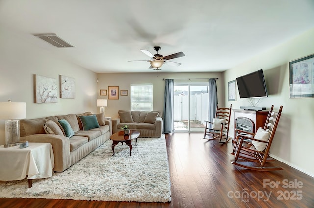309 River Clay Rd, Fort Mill, SC 29708 - living room featuring baseboards, visible vents, a ceiling fan, and dark wood finished floors