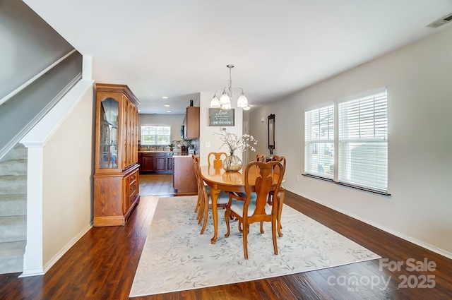 309 River Clay Rd, Fort Mill, SC 29708 - dining space with baseboards, visible vents, dark wood-style flooring, and a chandelier