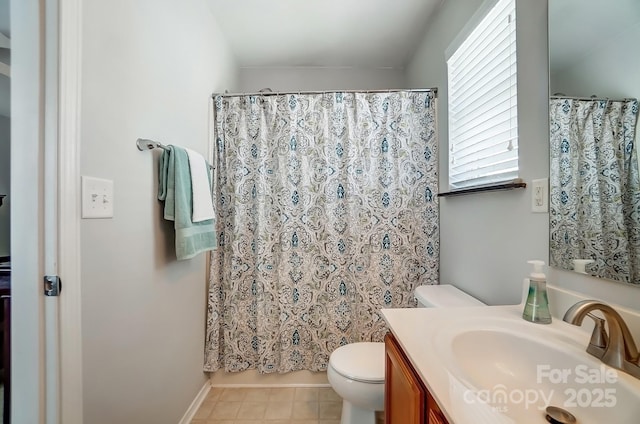 309 River Clay Rd, Fort Mill, SC 29708 - bathroom with toilet, vanity, curtained shower, and tile patterned flooring