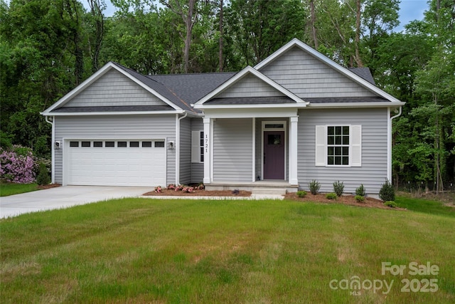 ranch-style house with concrete driveway, a garage, a front lawn, and roof with shingles