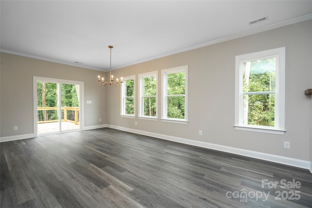 unfurnished room featuring visible vents, a notable chandelier, dark wood finished floors, and baseboards