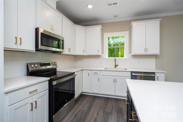 kitchen featuring appliances with stainless steel finishes, visible vents, crown molding, and a sink