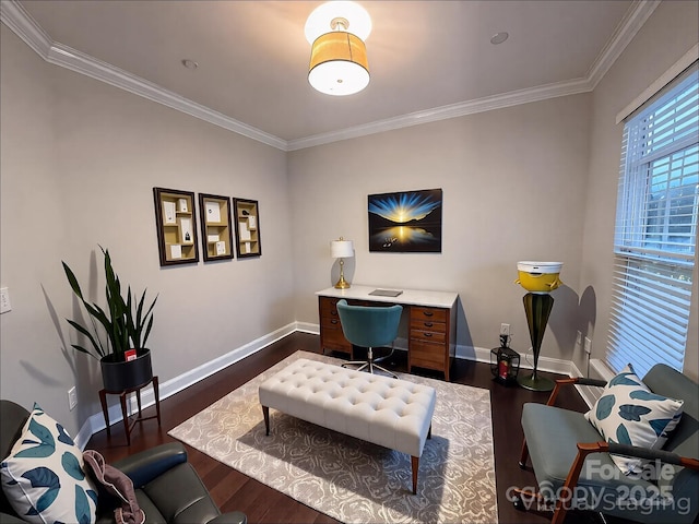 home office with crown molding, baseboards, and dark wood finished floors