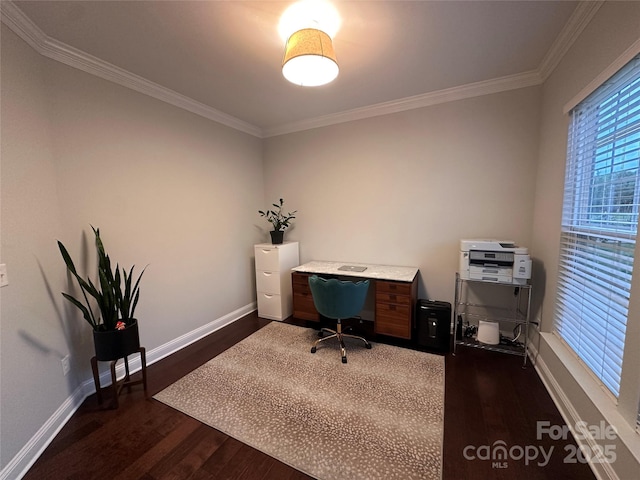 office area with dark wood-style flooring, baseboards, and ornamental molding