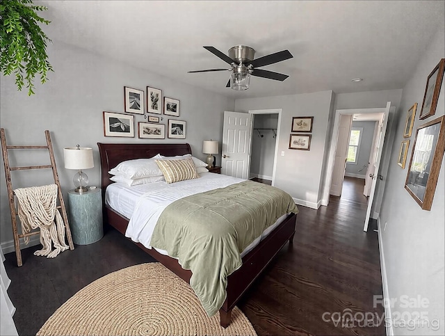 bedroom with a walk in closet, baseboards, a ceiling fan, and wood finished floors