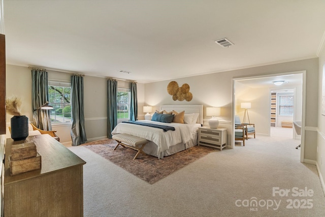5125 Winding Brook Rd, Charlotte, NC 28226 - bedroom with ornamental molding, light carpet, baseboards, and visible vents