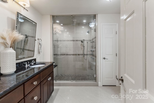5125 Winding Brook Rd, Charlotte, NC 28226 - full bathroom featuring a shower stall, tile patterned floors, and vanity