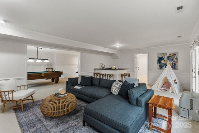 5125 Winding Brook Rd, Charlotte, NC 28226 - living area with visible vents, crown molding, pool table, wainscoting, and light colored carpet